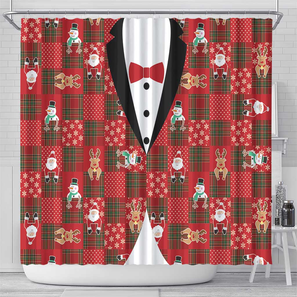 Christmas Patchwork Fake Tuxedo Shower Curtain Santa and Reindeer Red Plaid Style - Wonder Print Shop