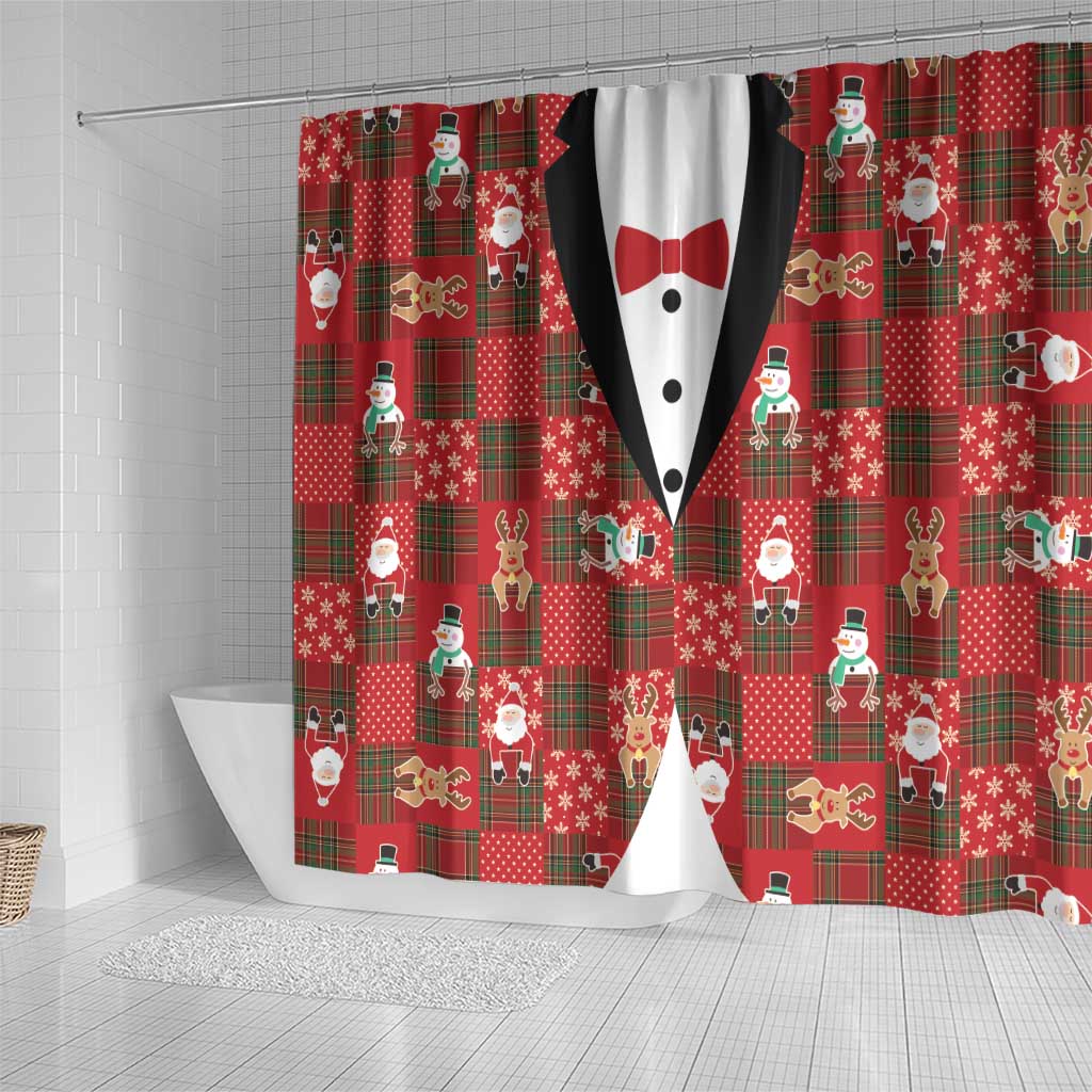 Christmas Patchwork Fake Tuxedo Shower Curtain Santa and Reindeer Red Plaid Style - Wonder Print Shop