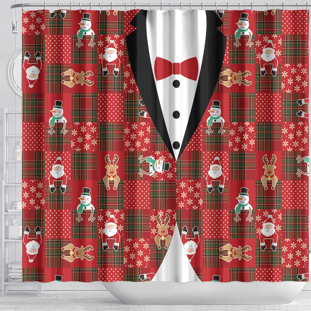 Christmas Patchwork Fake Tuxedo Shower Curtain Santa and Reindeer Red Plaid Style - Wonder Print Shop