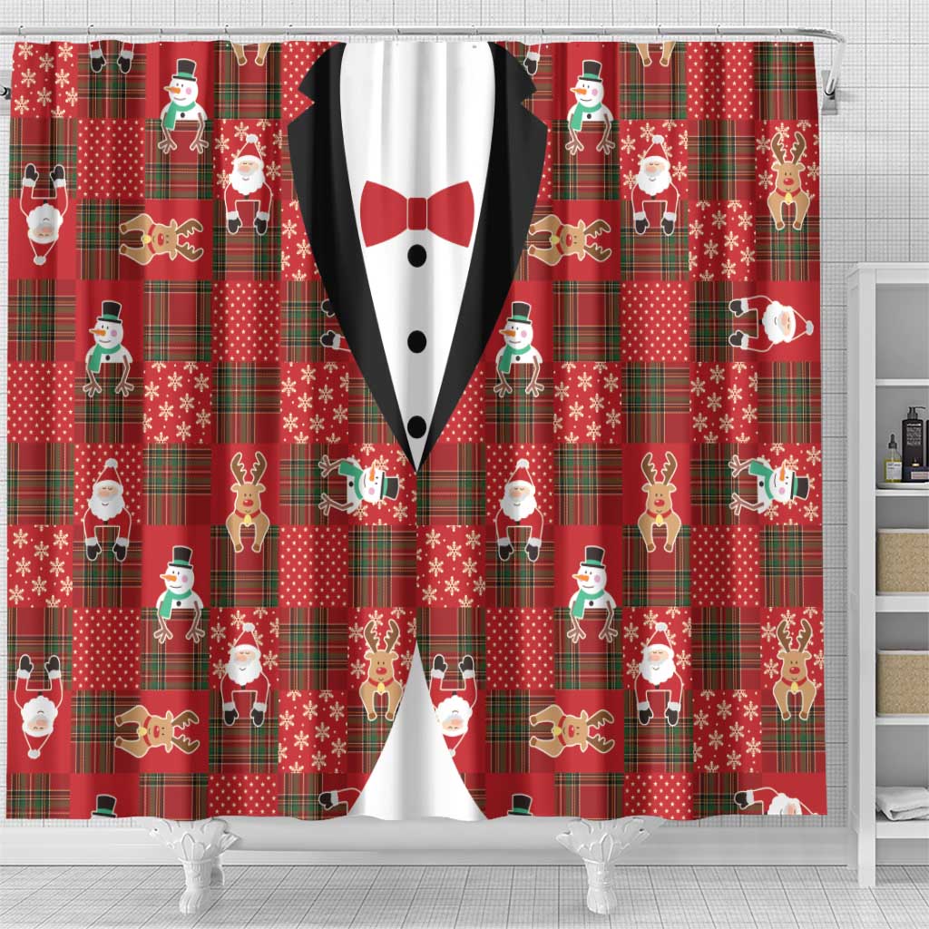 Christmas Patchwork Fake Tuxedo Shower Curtain Santa and Reindeer Red Plaid Style - Wonder Print Shop
