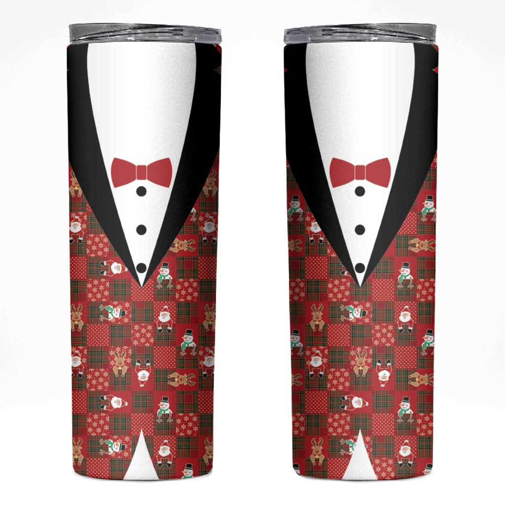 Christmas Patchwork Fake Tuxedo Skinny Tumbler Santa and Reindeer Red Plaid Style - Wonder Print Shop