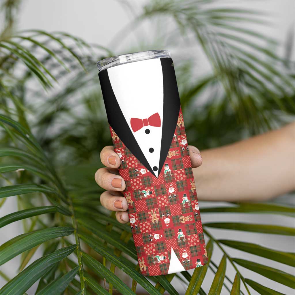 Christmas Patchwork Fake Tuxedo Skinny Tumbler Santa and Reindeer Red Plaid Style - Wonder Print Shop