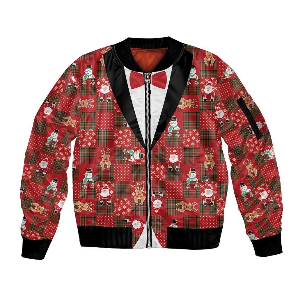 Christmas Patchwork Fake Tuxedo Sleeve Zip Bomber Jacket Santa and Reindeer Red Plaid Style - Wonder Print Shop