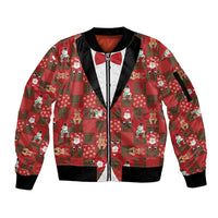 Christmas Patchwork Fake Tuxedo Sleeve Zip Bomber Jacket Santa and Reindeer Red Plaid Style - Wonder Print Shop