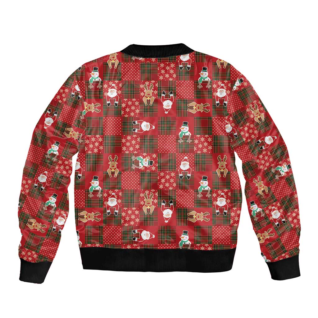 Christmas Patchwork Fake Tuxedo Sleeve Zip Bomber Jacket Santa and Reindeer Red Plaid Style - Wonder Print Shop