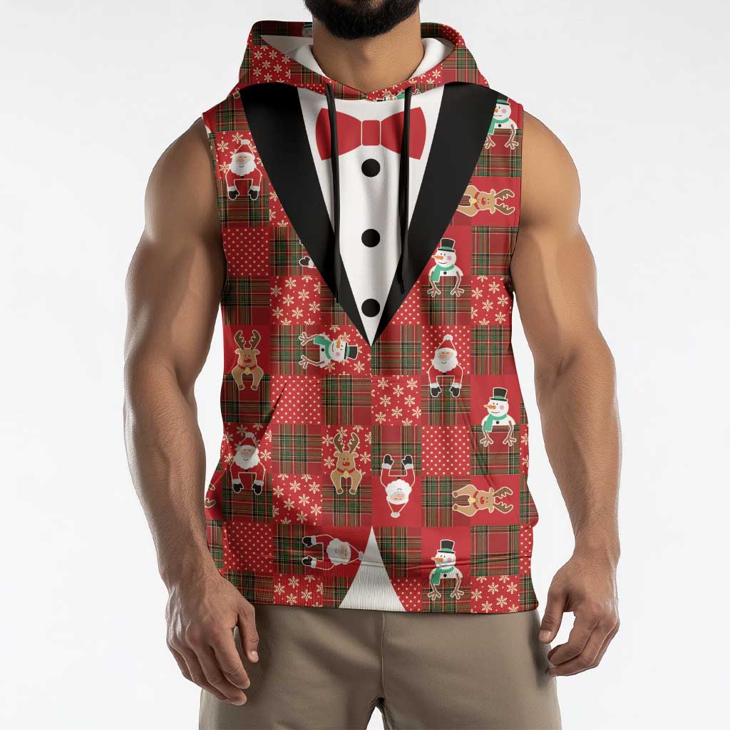 Christmas Patchwork Fake Tuxedo Sleeveless Hoodie Santa and Reindeer Red Plaid Style - Wonder Print Shop