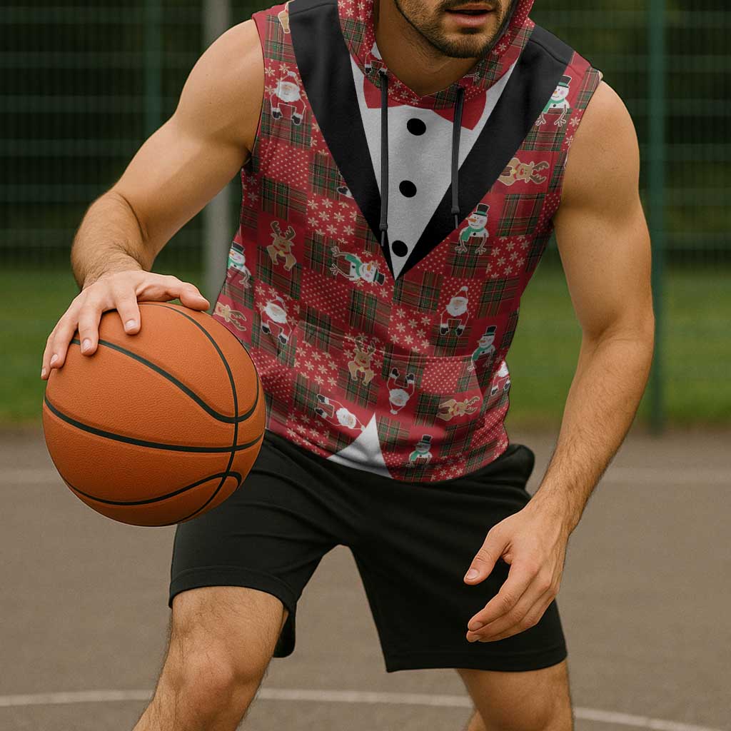 Christmas Patchwork Fake Tuxedo Sleeveless Hoodie Santa and Reindeer Red Plaid Style - Wonder Print Shop