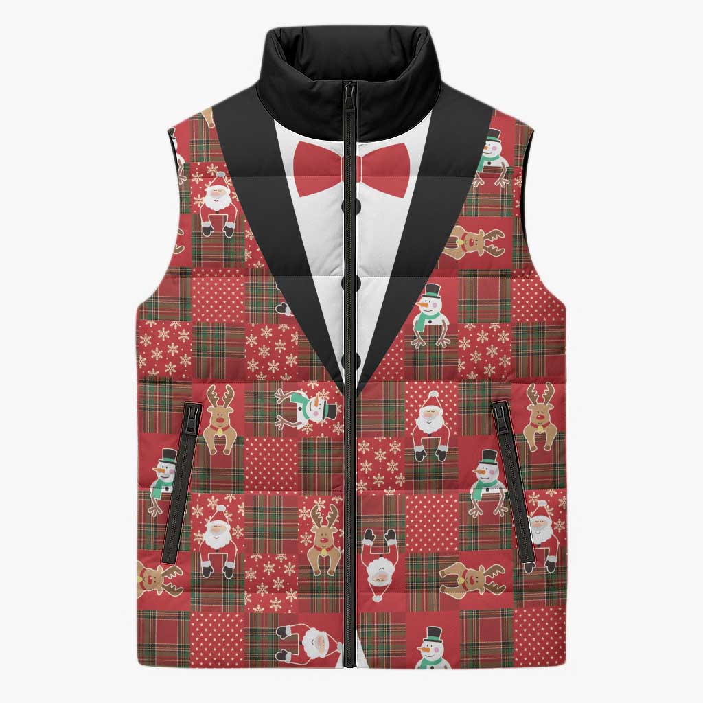 Christmas Patchwork Fake Tuxedo Sleeveless Puffer Jacket Santa and Reindeer Red Plaid Style - Wonder Print Shop