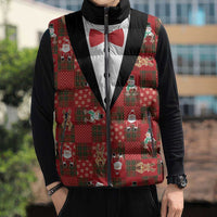 Christmas Patchwork Fake Tuxedo Sleeveless Puffer Jacket Santa and Reindeer Red Plaid Style - Wonder Print Shop