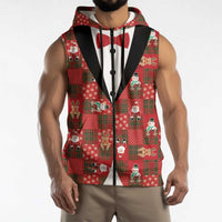 Christmas Patchwork Fake Tuxedo Sleeveless Zip Hoodie Santa and Reindeer Red Plaid Style - Wonder Print Shop