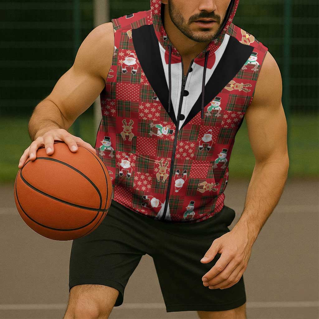 Christmas Patchwork Fake Tuxedo Sleeveless Zip Hoodie Santa and Reindeer Red Plaid Style - Wonder Print Shop