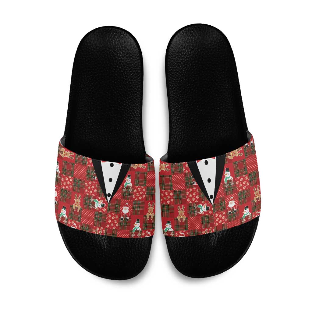 Christmas Patchwork Fake Tuxedo Slide Sandals Santa and Reindeer Red Plaid Style - Wonder Print Shop