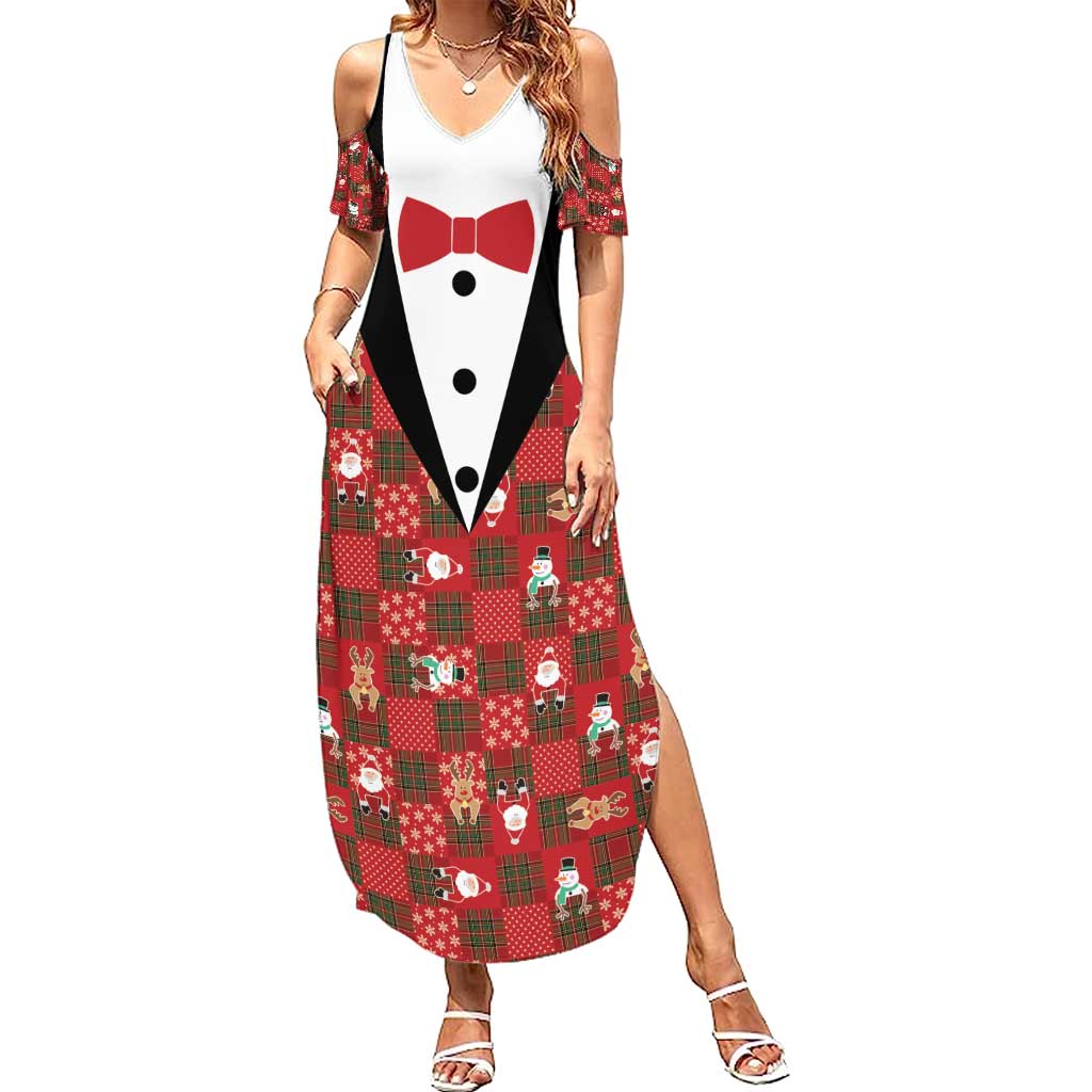 Christmas Patchwork Fake Tuxedo Summer Maxi Dress Santa and Reindeer Red Plaid Style - Wonder Print Shop