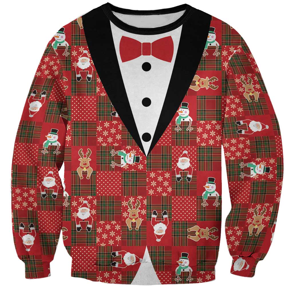 Christmas Patchwork Fake Tuxedo Sweatshirt Santa and Reindeer Red Plaid Style - Wonder Print Shop