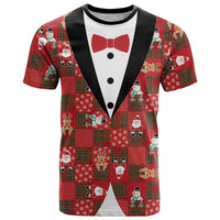 Christmas Patchwork Fake Tuxedo T Shirt Santa and Reindeer Red Plaid Style - Wonder Print Shop