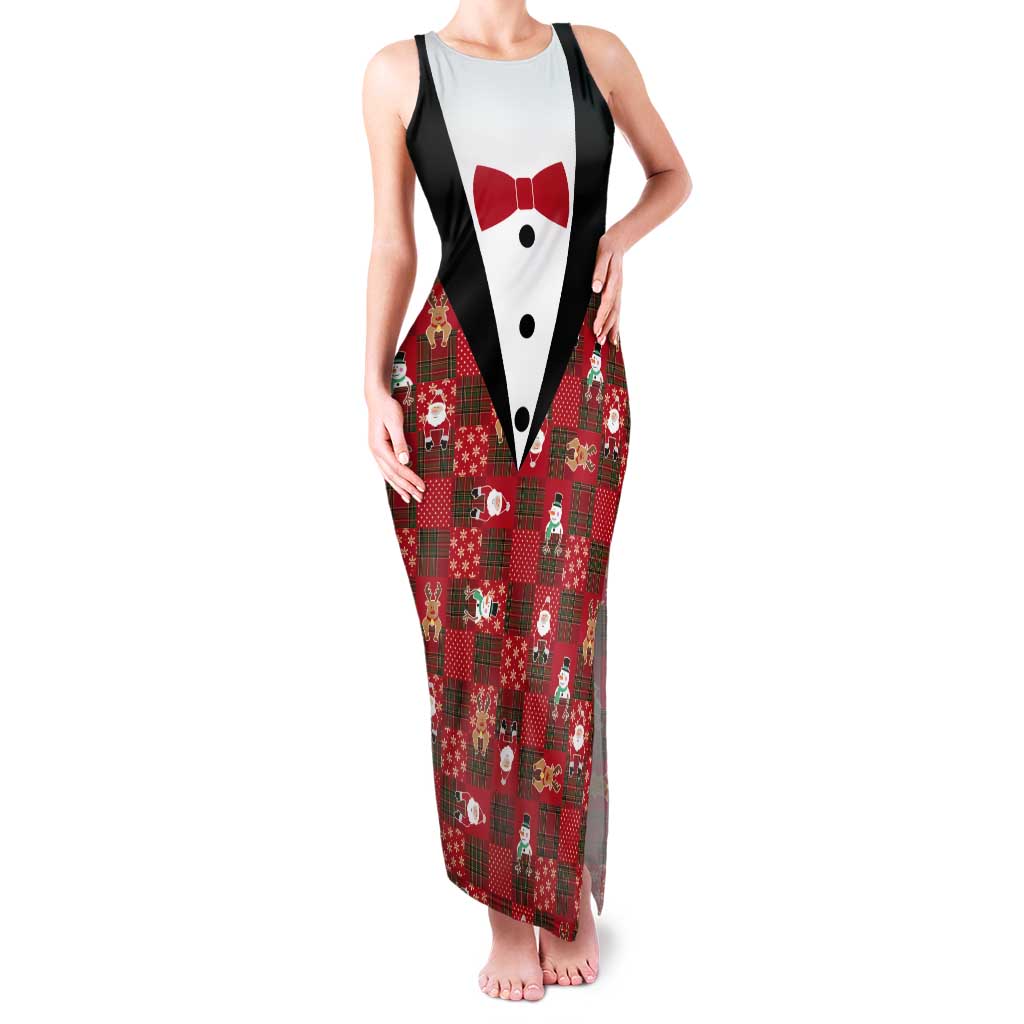 Christmas Patchwork Fake Tuxedo Tank Maxi Dress Santa and Reindeer Red Plaid Style - Wonder Print Shop