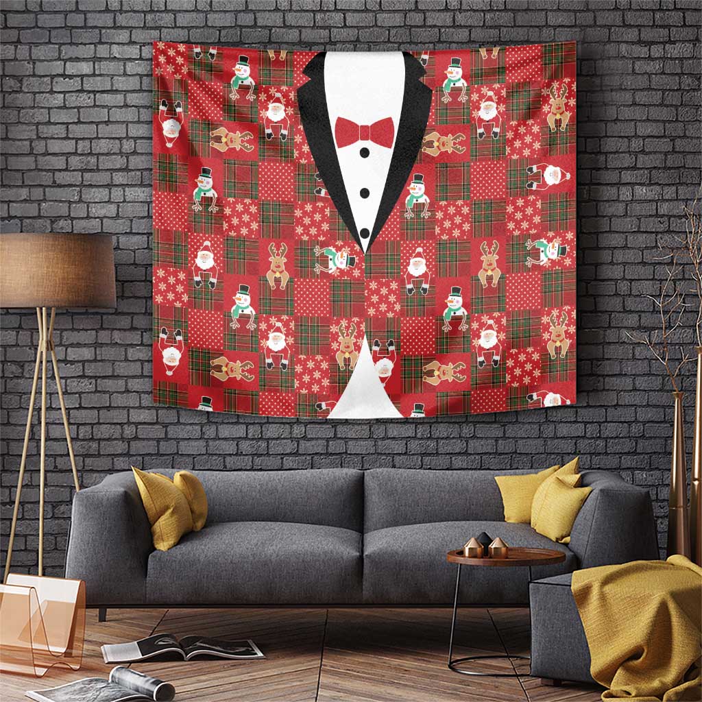 Christmas Patchwork Fake Tuxedo Tapestry Santa and Reindeer Red Plaid Style - Wonder Print Shop