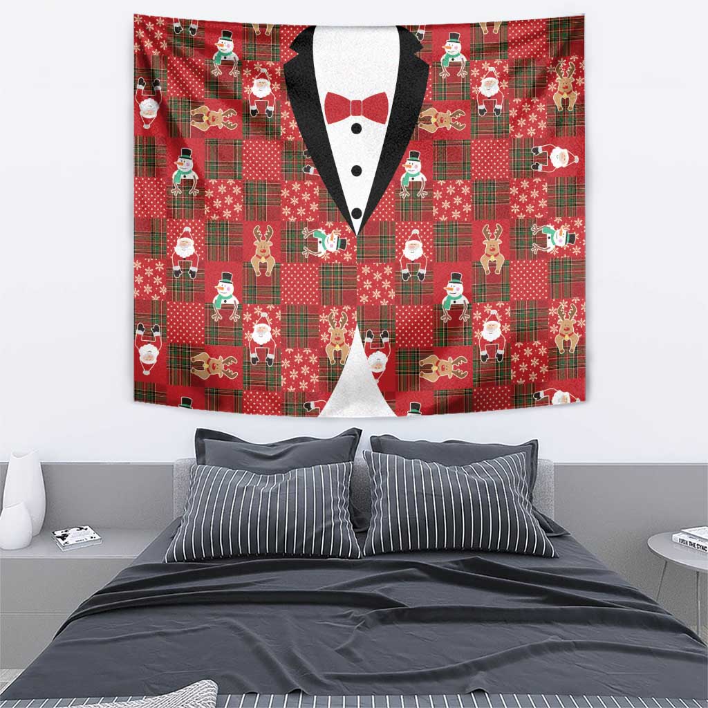 Christmas Patchwork Fake Tuxedo Tapestry Santa and Reindeer Red Plaid Style - Wonder Print Shop