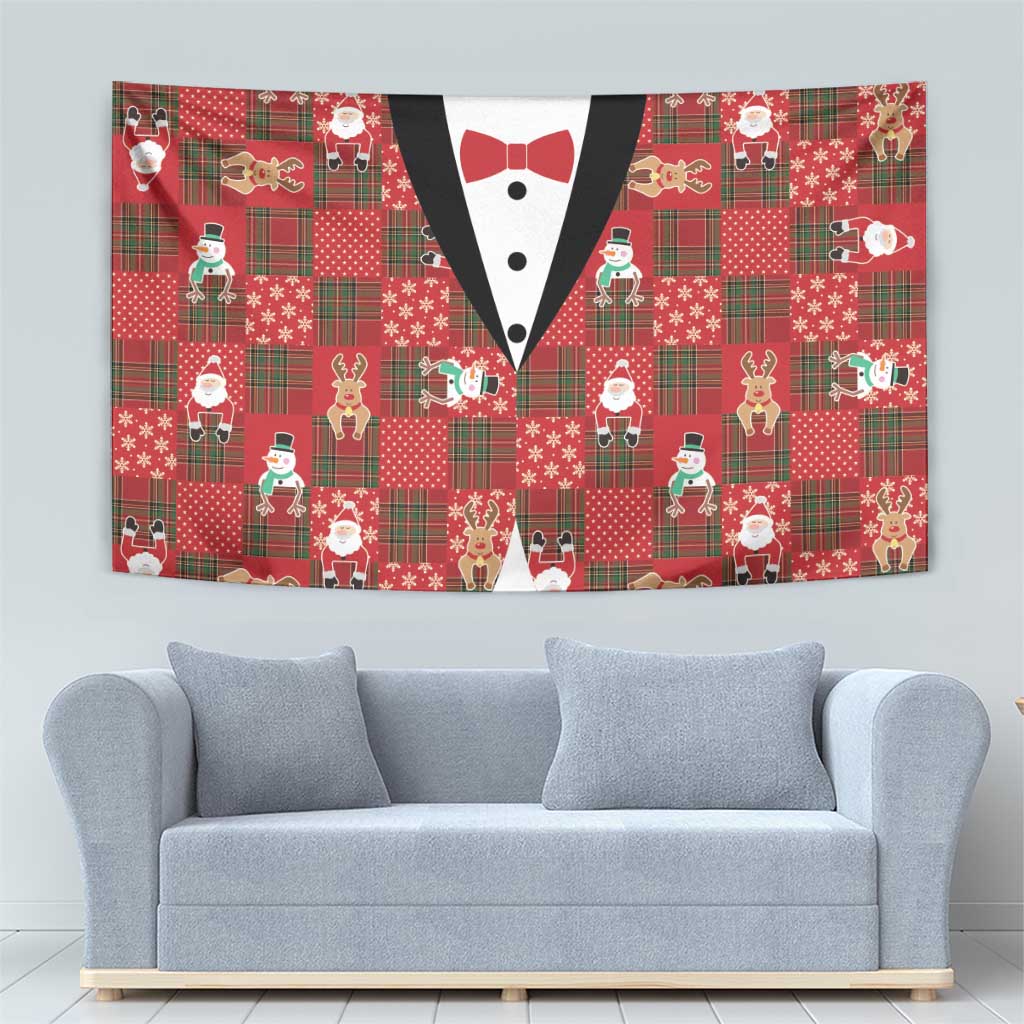 Christmas Patchwork Fake Tuxedo Tapestry Santa and Reindeer Red Plaid Style - Wonder Print Shop