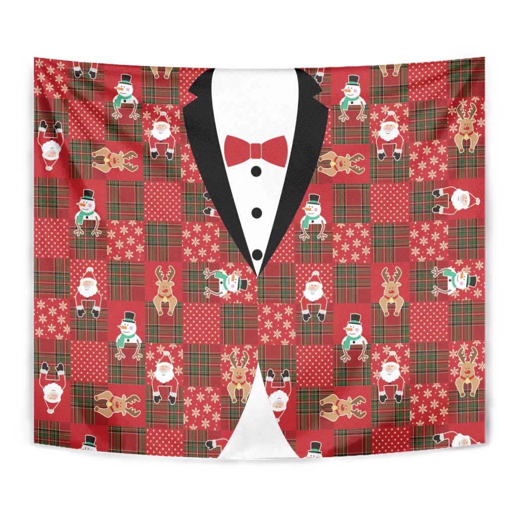 Christmas Patchwork Fake Tuxedo Tapestry Santa and Reindeer Red Plaid Style - Wonder Print Shop