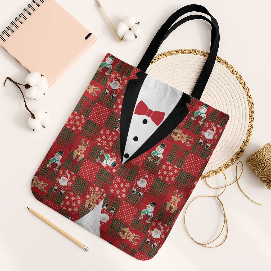 Christmas Patchwork Fake Tuxedo Tote Bag Santa and Reindeer Red Plaid Style - Wonder Print Shop