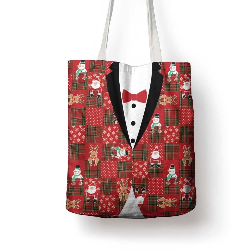 Christmas Patchwork Fake Tuxedo Tote Bag Santa and Reindeer Red Plaid Style - Wonder Print Shop