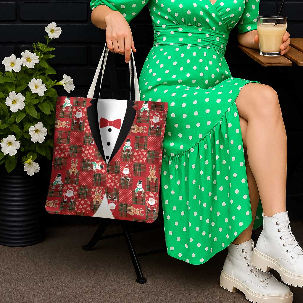 Christmas Patchwork Fake Tuxedo Tote Bag Santa and Reindeer Red Plaid Style - Wonder Print Shop