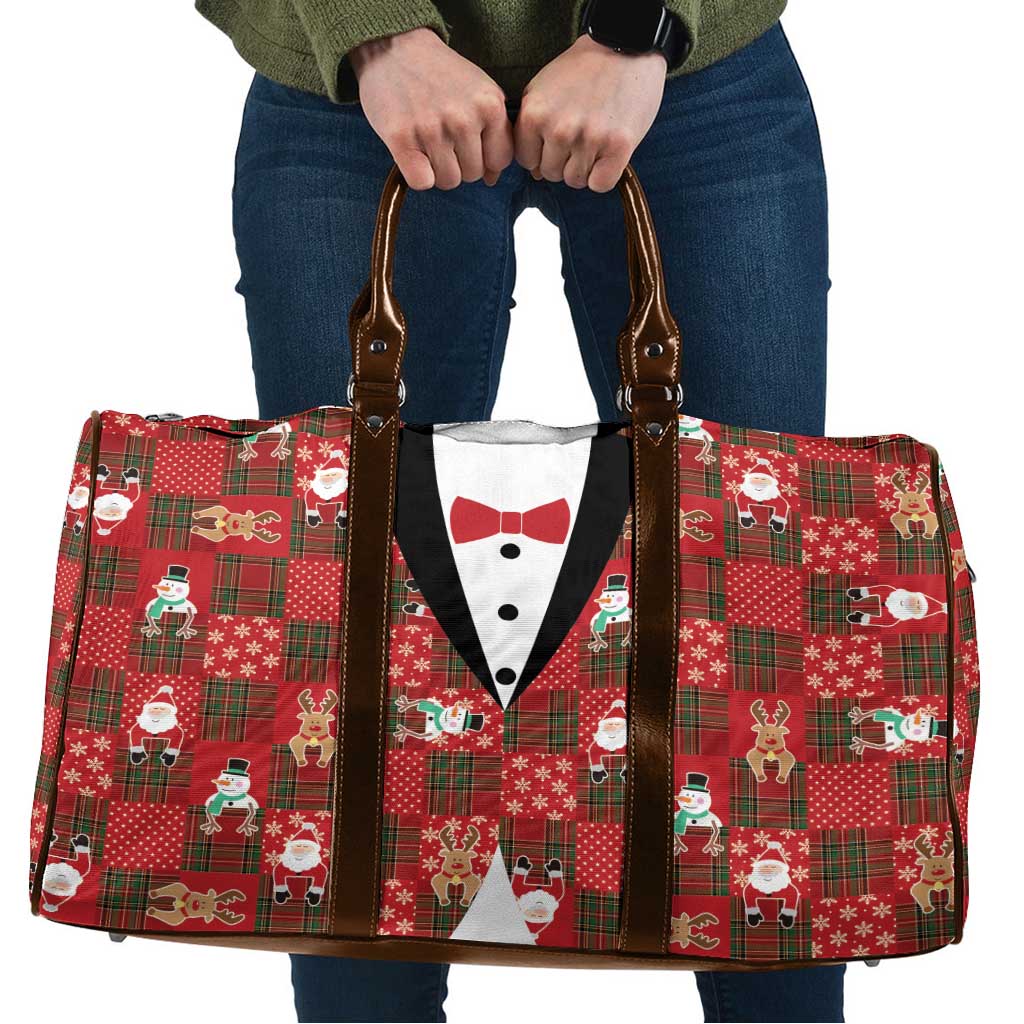 Christmas Patchwork Fake Tuxedo Travel Bag Santa and Reindeer Red Plaid Style - Wonder Print Shop
