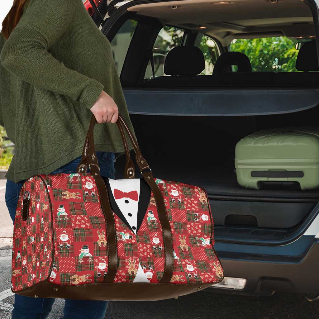 Christmas Patchwork Fake Tuxedo Travel Bag Santa and Reindeer Red Plaid Style - Wonder Print Shop