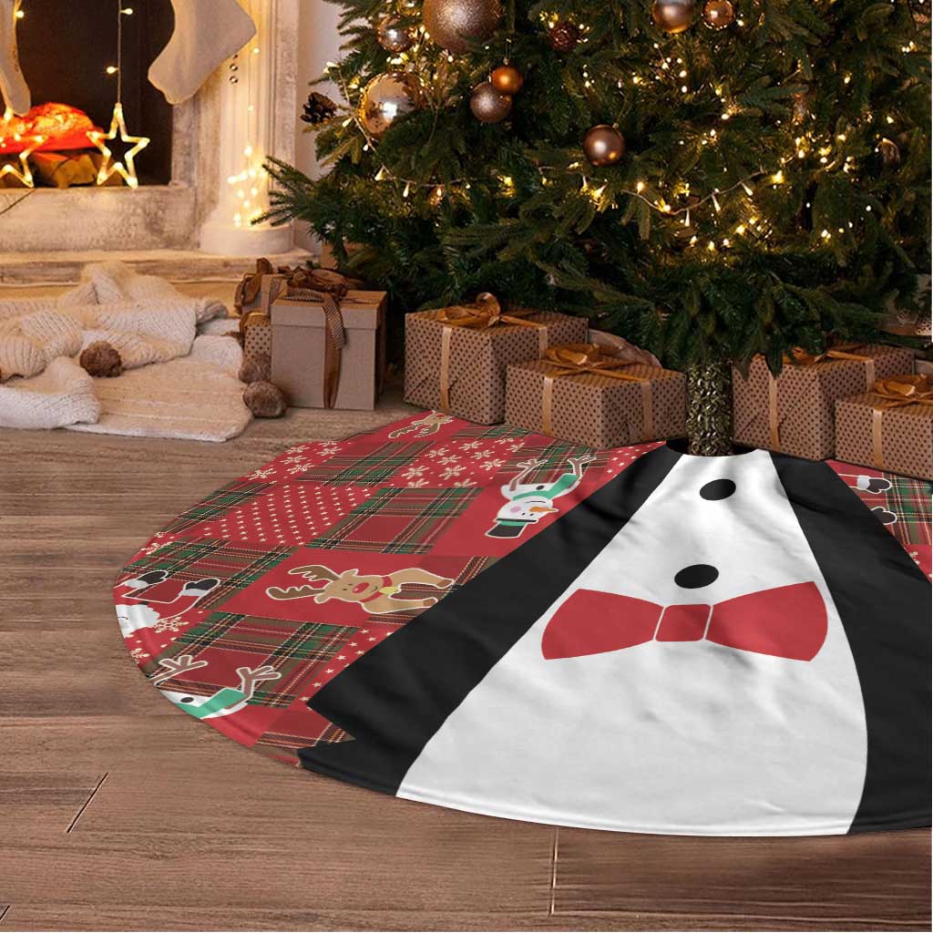 Christmas Patchwork Fake Tuxedo Tree Skirt Santa and Reindeer Red Plaid Style - Wonder Print Shop
