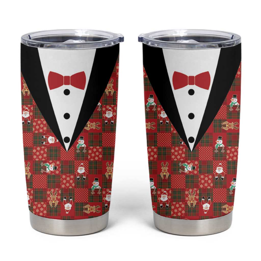 Christmas Patchwork Fake Tuxedo Tumbler Cup Santa and Reindeer Red Plaid Style - Wonder Print Shop