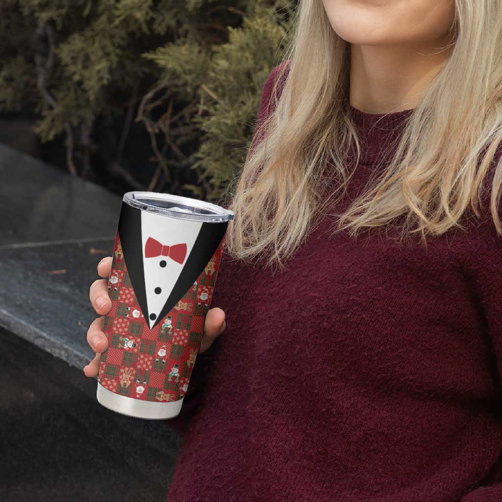 Christmas Patchwork Fake Tuxedo Tumbler Cup Santa and Reindeer Red Plaid Style - Wonder Print Shop