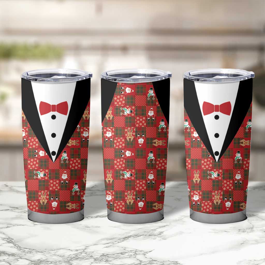 Christmas Patchwork Fake Tuxedo Tumbler Cup Santa and Reindeer Red Plaid Style - Wonder Print Shop