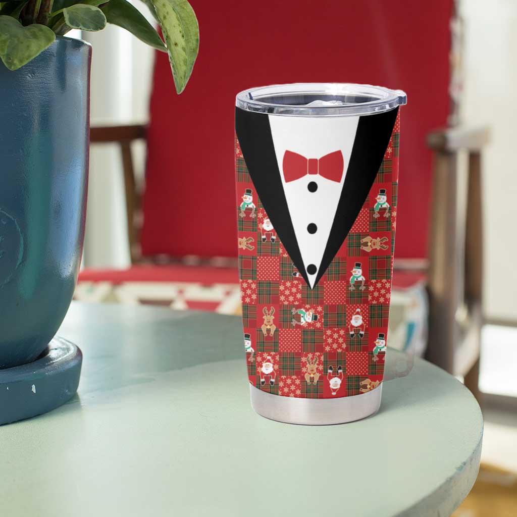 Christmas Patchwork Fake Tuxedo Tumbler Cup Santa and Reindeer Red Plaid Style - Wonder Print Shop