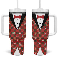 Christmas Patchwork Fake Tuxedo Tumbler With Handle Santa and Reindeer Red Plaid Style - Wonder Print Shop