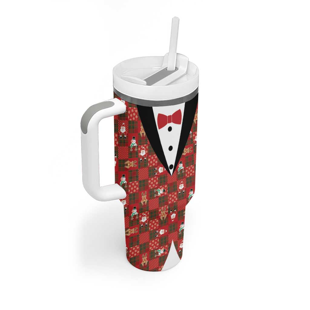 Christmas Patchwork Fake Tuxedo Tumbler With Handle Santa and Reindeer Red Plaid Style - Wonder Print Shop