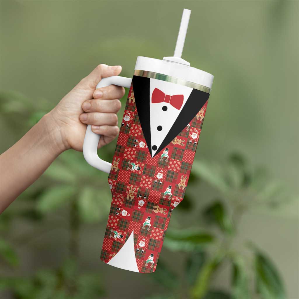 Christmas Patchwork Fake Tuxedo Tumbler With Handle Santa and Reindeer Red Plaid Style - Wonder Print Shop