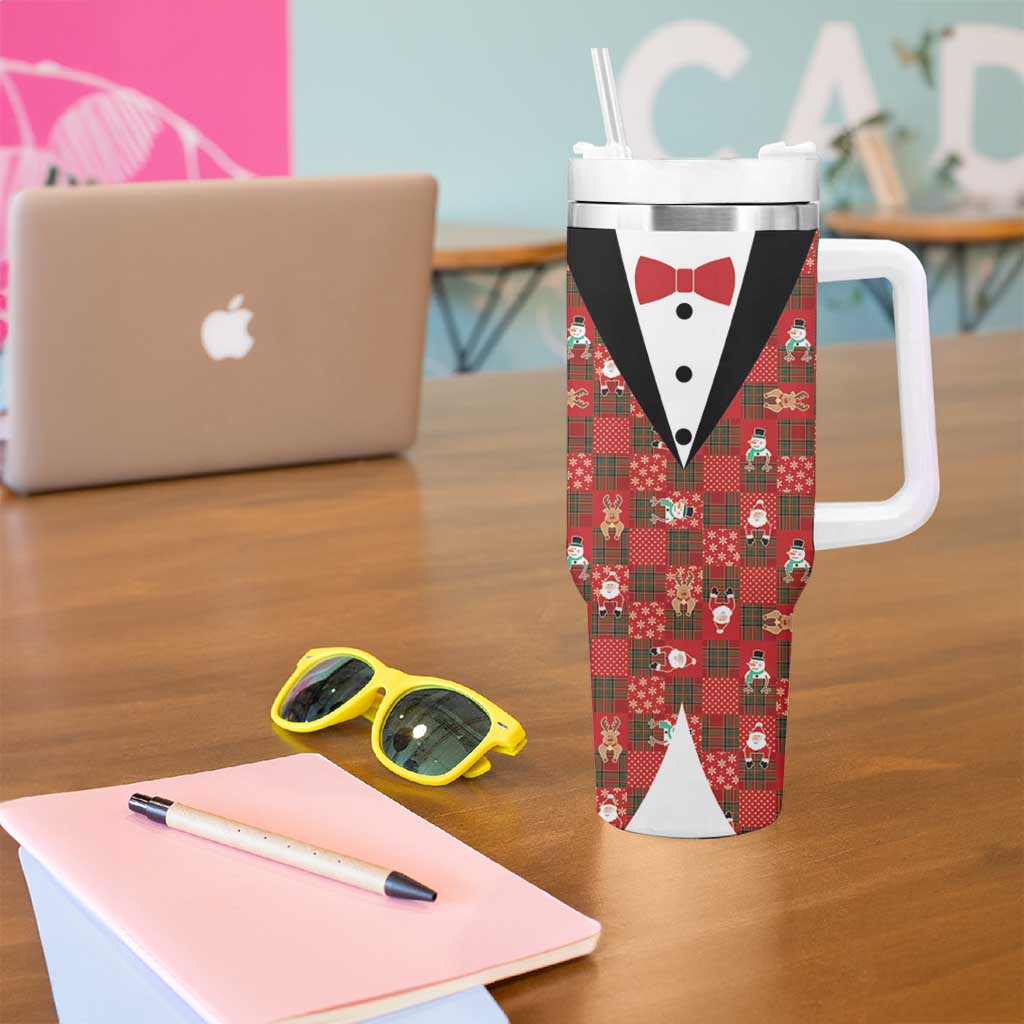 Christmas Patchwork Fake Tuxedo Tumbler With Handle Santa and Reindeer Red Plaid Style - Wonder Print Shop