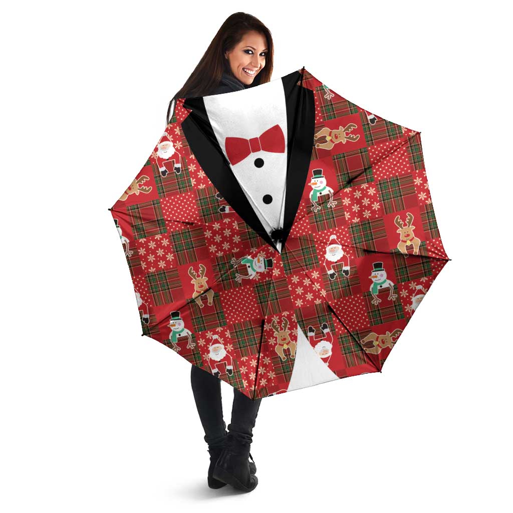 Christmas Patchwork Fake Tuxedo Umbrella Santa and Reindeer Red Plaid Style - Wonder Print Shop