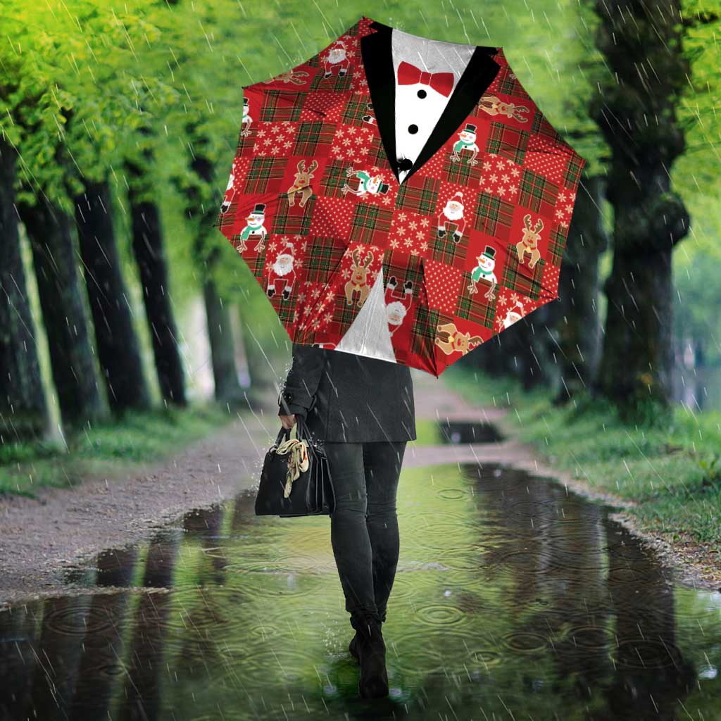 Christmas Patchwork Fake Tuxedo Umbrella Santa and Reindeer Red Plaid Style - Wonder Print Shop