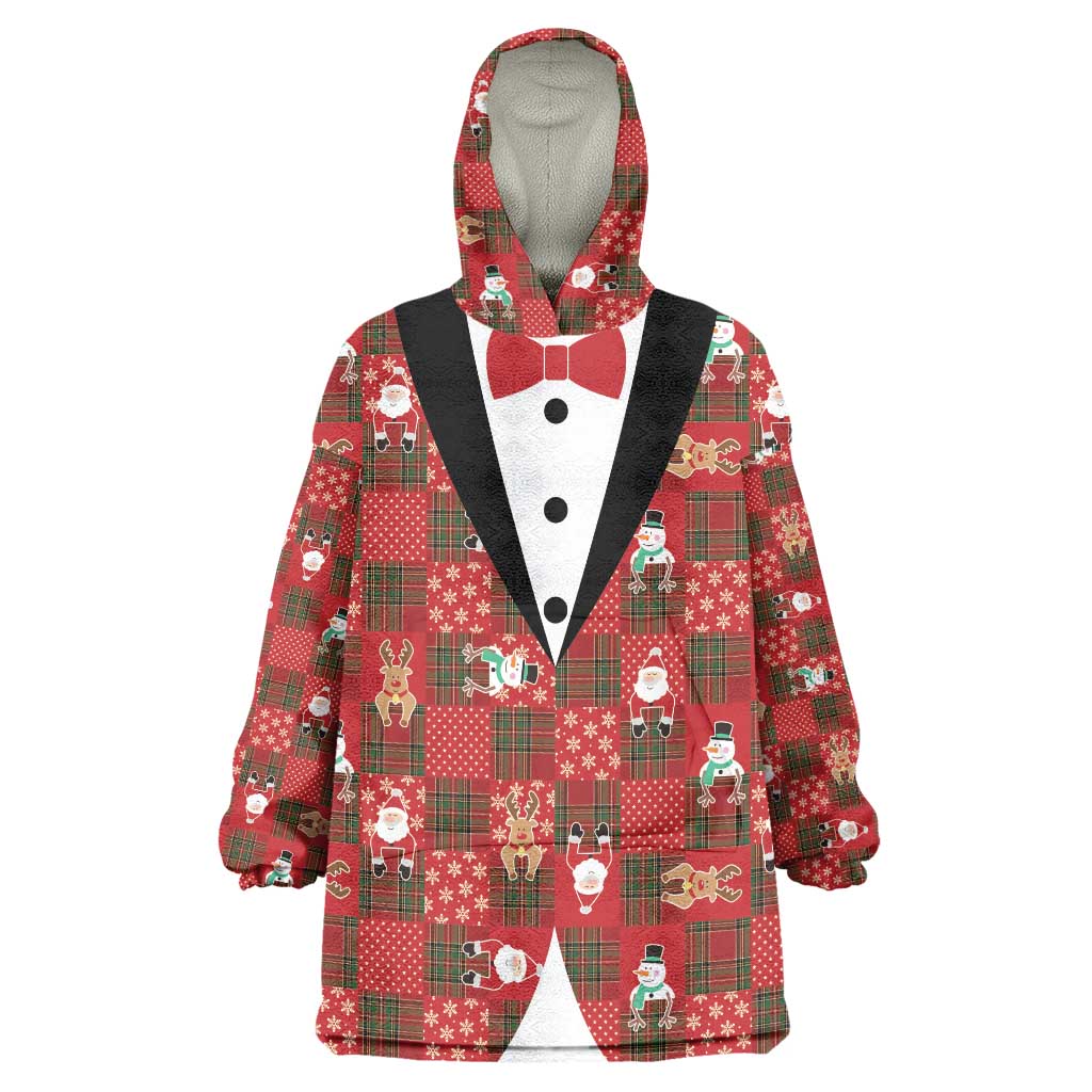 Christmas Patchwork Fake Tuxedo Wearable Blanket Hoodie Santa and Reindeer Red Plaid Style - Wonder Print Shop
