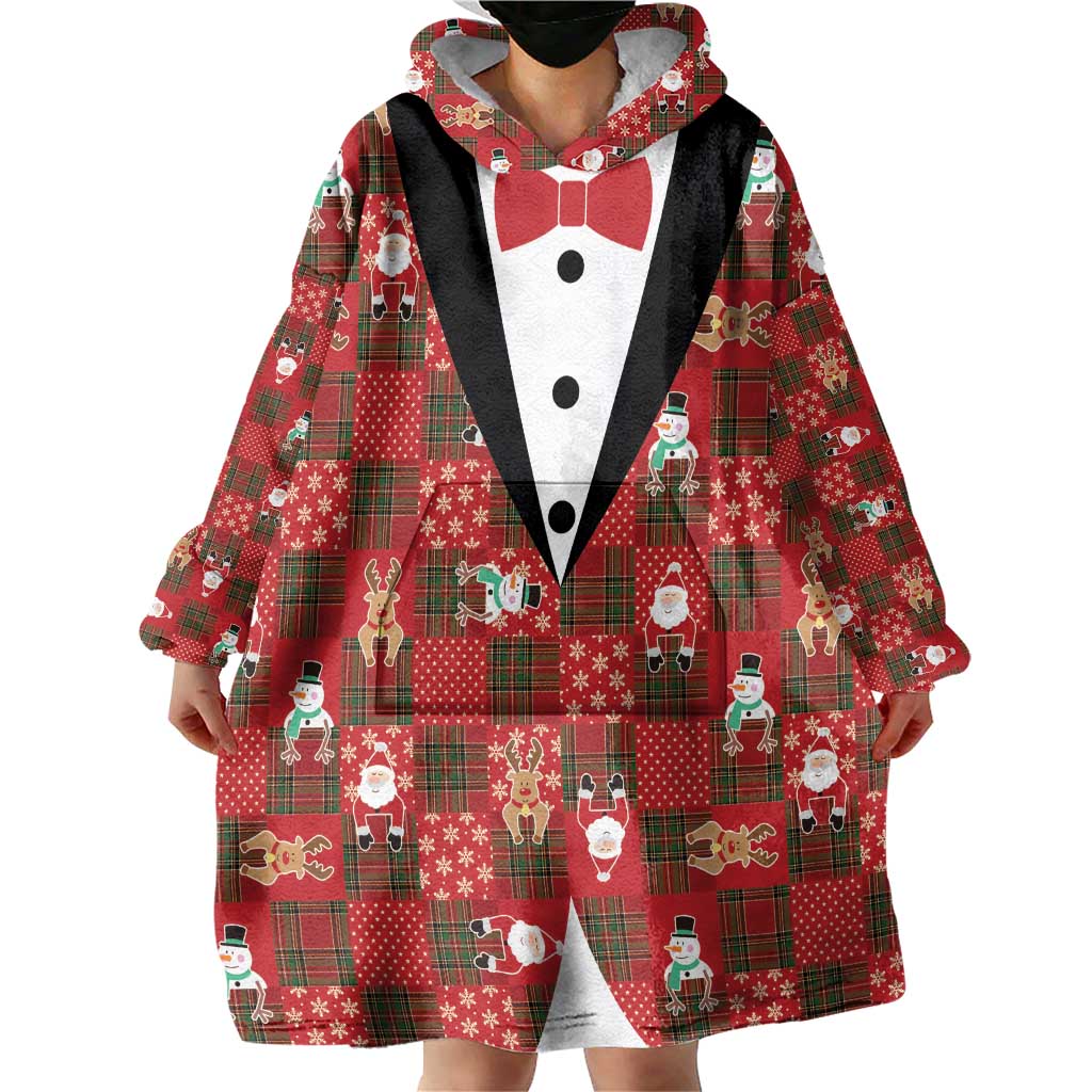 Christmas Patchwork Fake Tuxedo Wearable Blanket Hoodie Santa and Reindeer Red Plaid Style - Wonder Print Shop