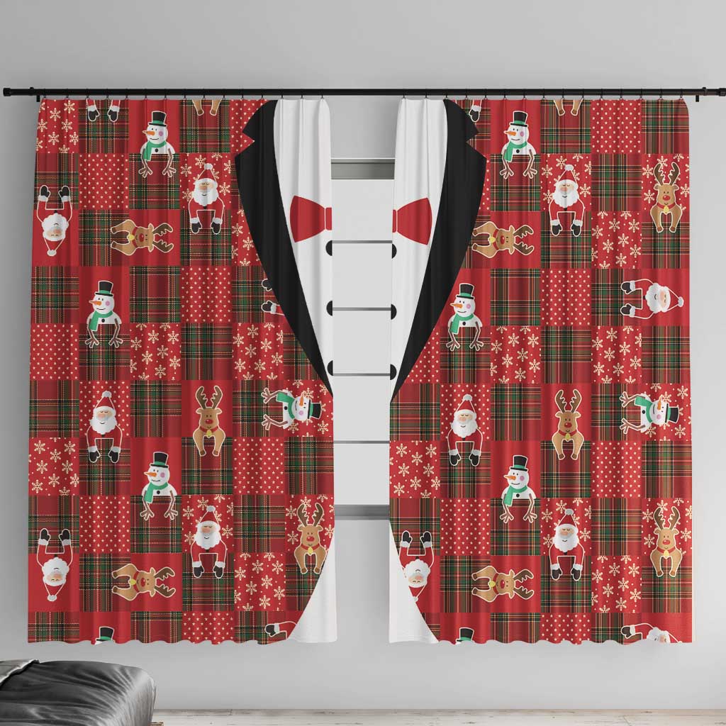 Christmas Patchwork Fake Tuxedo Window Curtain Santa and Reindeer Red Plaid Style - Wonder Print Shop
