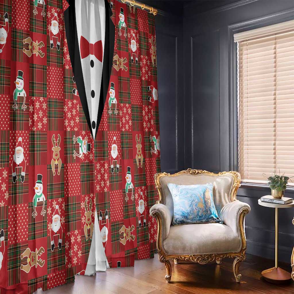 Christmas Patchwork Fake Tuxedo Window Curtain Santa and Reindeer Red Plaid Style - Wonder Print Shop