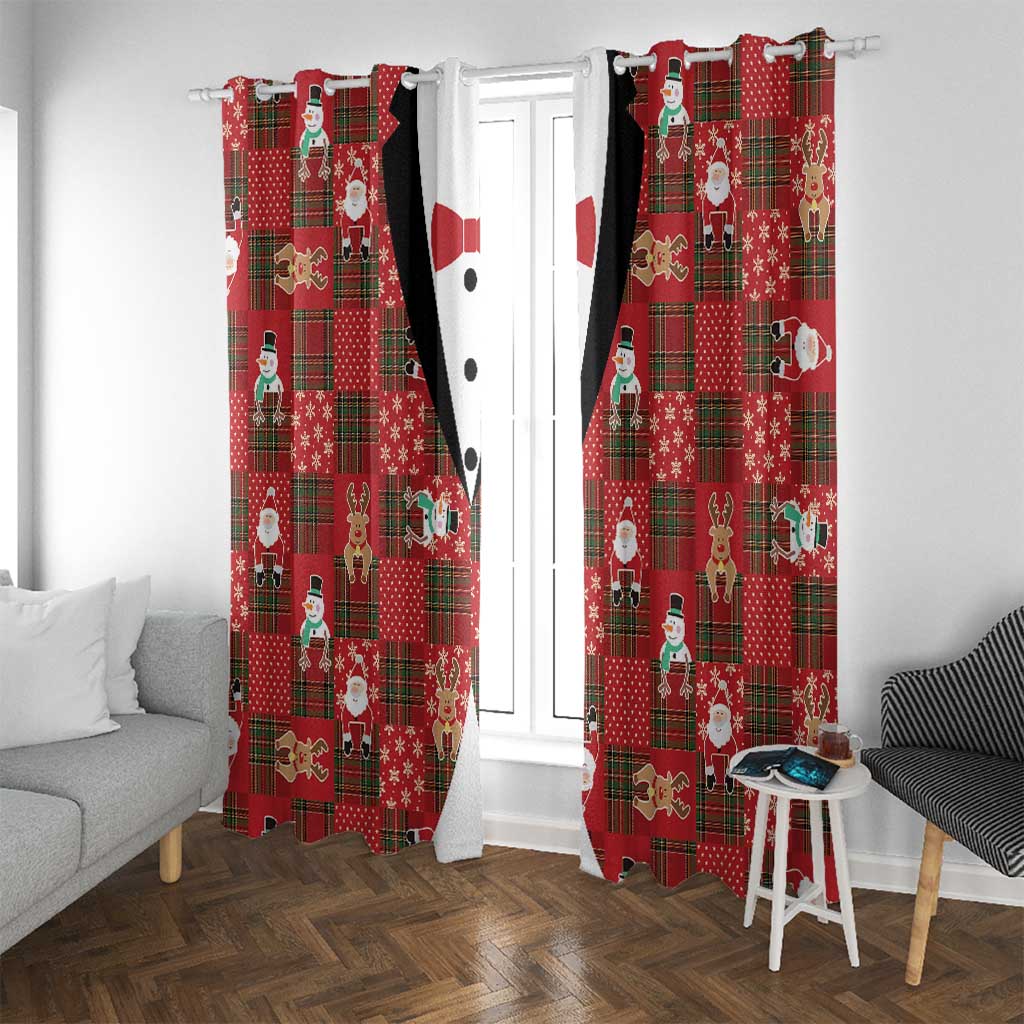 Christmas Patchwork Fake Tuxedo Window Curtain Santa and Reindeer Red Plaid Style - Wonder Print Shop