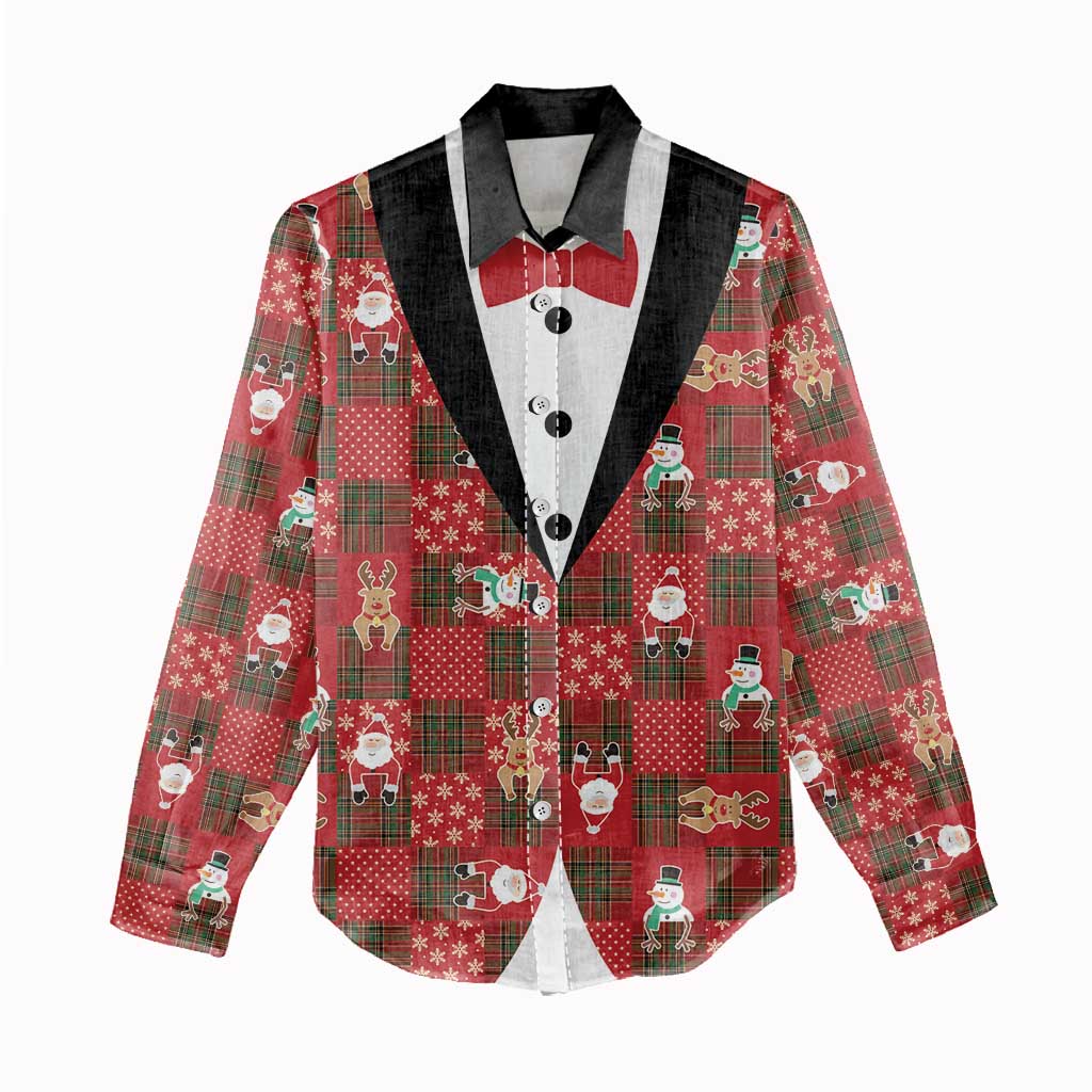 Christmas Patchwork Fake Tuxedo Women Casual Shirt Santa and Reindeer Red Plaid Style - Wonder Print Shop