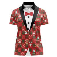 Christmas Patchwork Fake Tuxedo Women Polo Shirt Santa and Reindeer Red Plaid Style - Wonder Print Shop