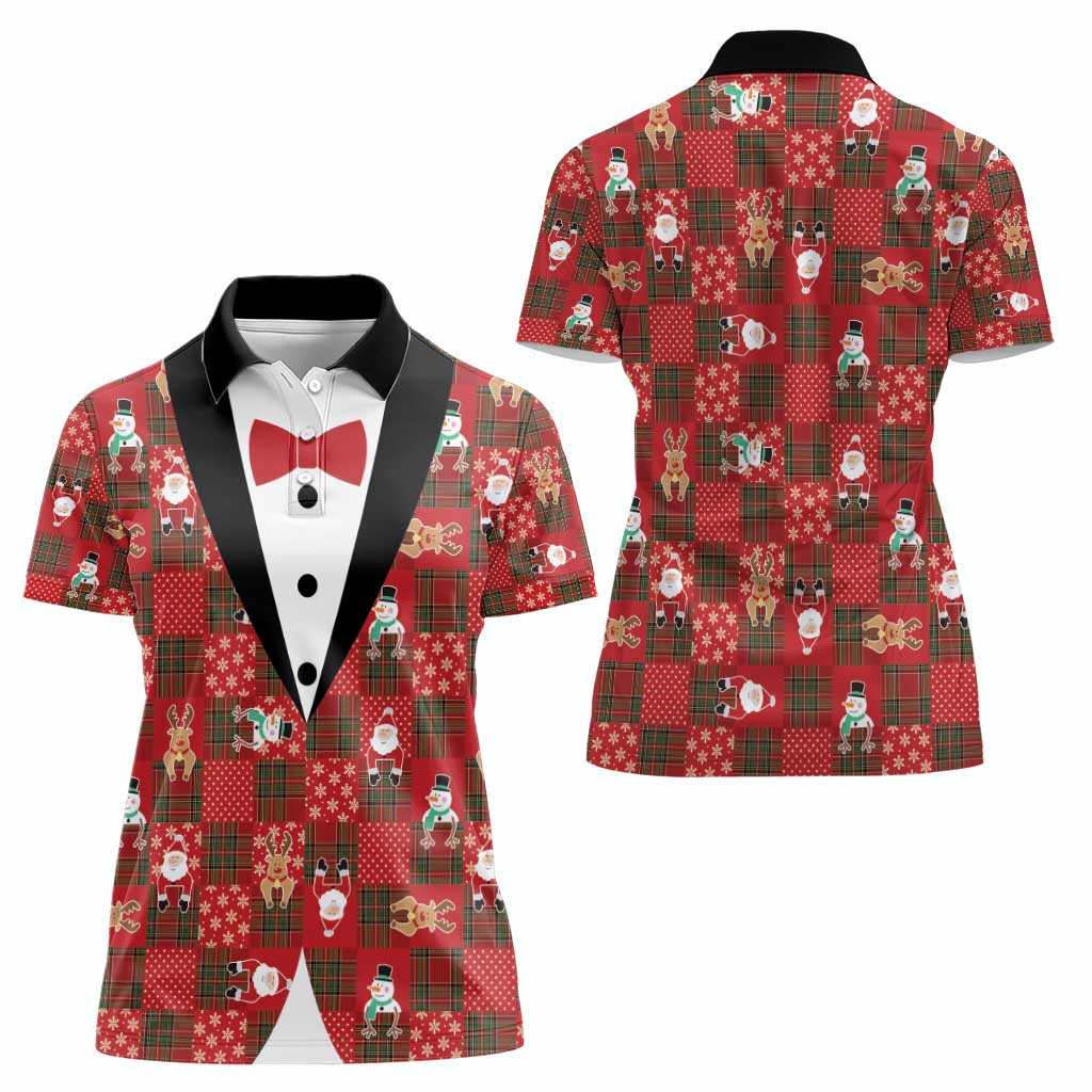 Christmas Patchwork Fake Tuxedo Women Polo Shirt Santa and Reindeer Red Plaid Style - Wonder Print Shop