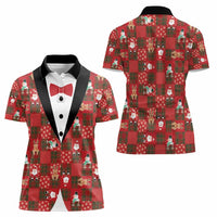 Christmas Patchwork Fake Tuxedo Women Polo Shirt Santa and Reindeer Red Plaid Style - Wonder Print Shop