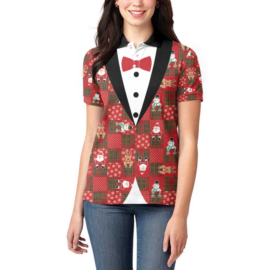 Christmas Patchwork Fake Tuxedo Women Polo Shirt Santa and Reindeer Red Plaid Style - Wonder Print Shop